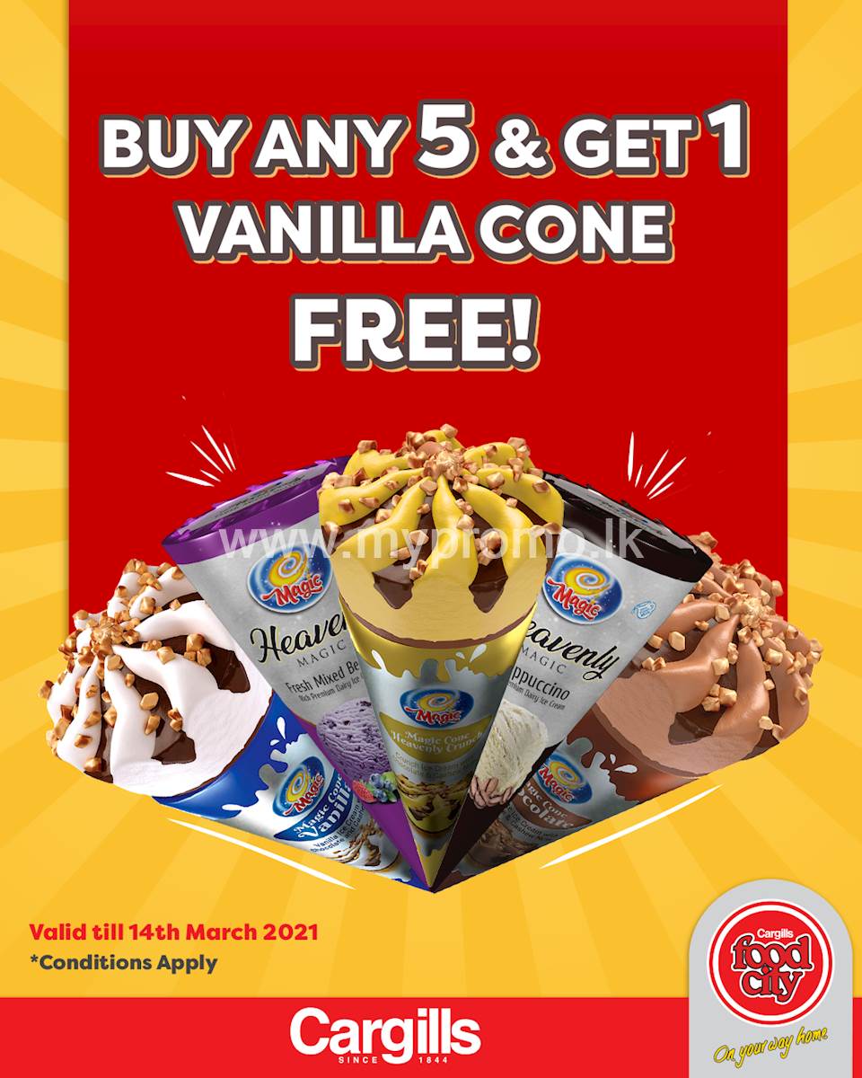 Buy any 5 ice creams and get a Magic Vanilla Cone free at Cargills FoodCity