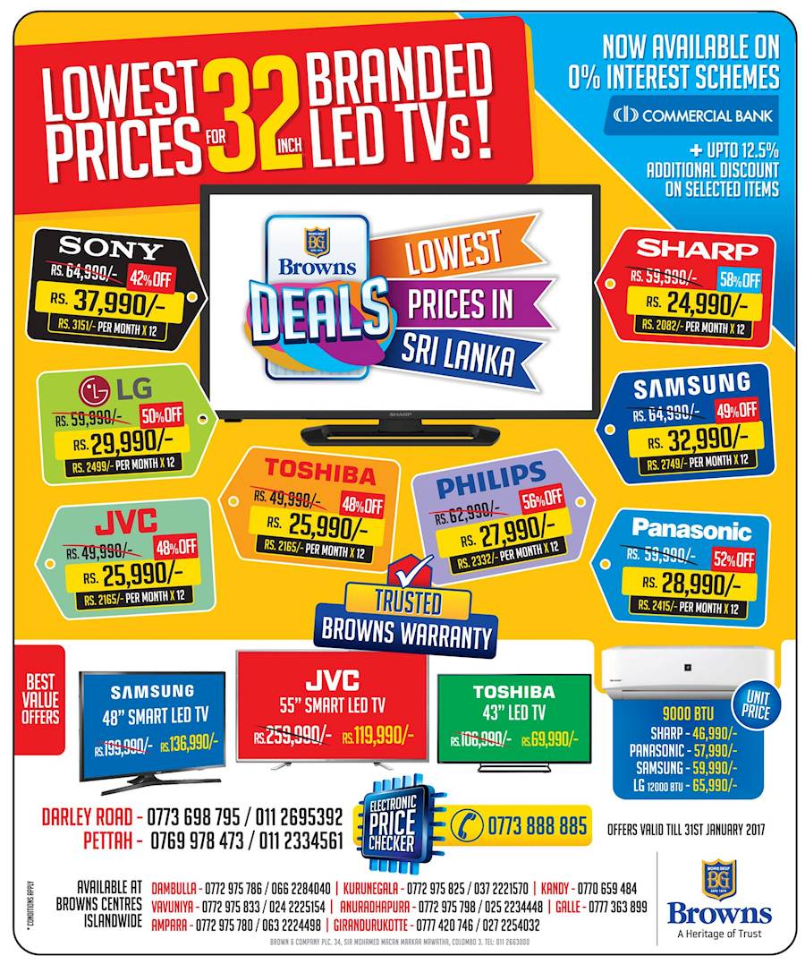 Lowest price for 32 inch Branded LED TVs from BROWNS DEALS until 31st January 2017