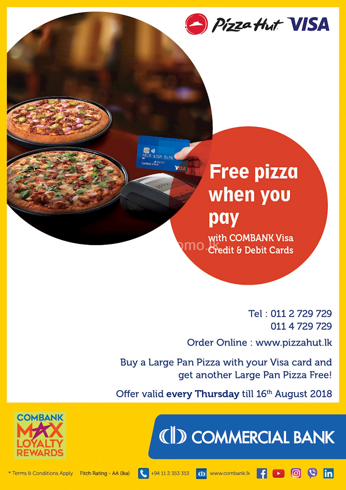 Free Pizza when you pay with Combank Visa Credit and Debit Cards