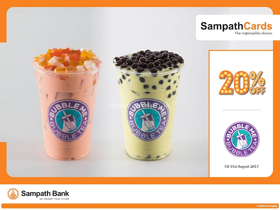 Enjoy 20% Off at Bubble Me Bubble Tea outlets, exclusively for SAMPATH Credit Cardholders