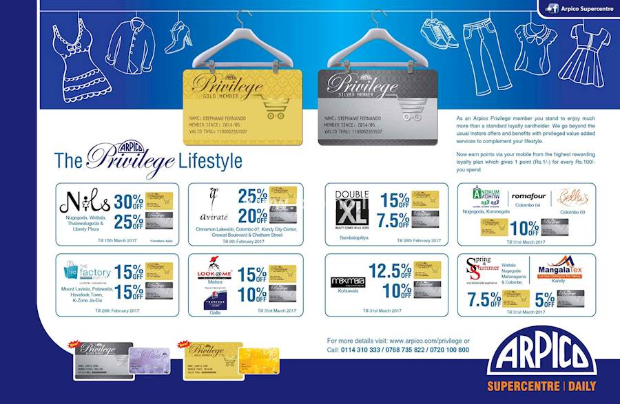 Up to 30% off from range of Clothing Stores for ARPICO PRIVILEGE CARDHOLDERS
