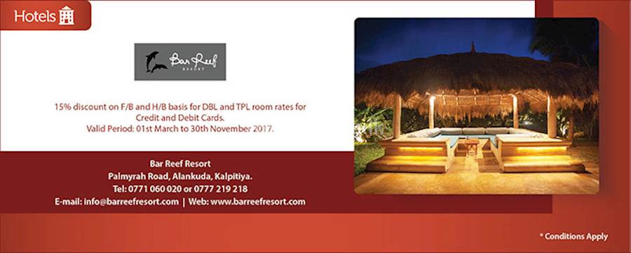 Get 15% discount on your COMMERCIAL BANK Credit and Debit cards at BAR REEF RESORT