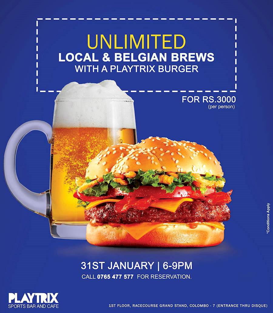 Unlimited local and Belgian Brews with a PLAYTRIX BURGER at PLAYTRIX SPORTS BAR AND CAFE on 31st January 2017
