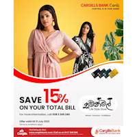 Enjoy 15% off on the total bill at Samanmal with your Cargills Bank Credit Cards