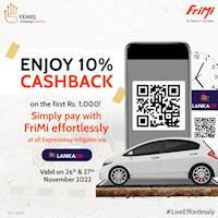 Get 10% CASHBACK on the first Rs. 1,000 paid by Lanka QR with FriMi at any Expressway Tollgate