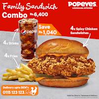 Family Sandwich Combo: 4 Spicy Chicken Sandwiches + 4x Fries + 4x Drinks for just Rs.6,400/ at Popeyes