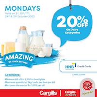 Get 20% OFF on dairy categories when you pay using your HNB Credit Card at Cargills Food City