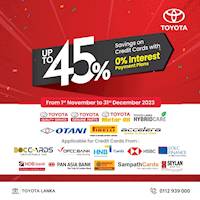 Grab the best year-end deals at Toyota Lanka: Up to 45% Savings on credit cards with 0% Interest Payment Plans