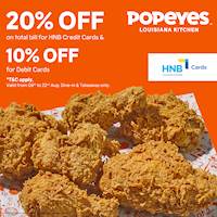 Get up to 20% off for HNB Cards at Popeyes