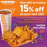 Return within 14 days and get 15% off on your total bill at Popeyes