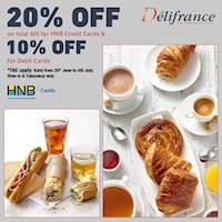 Get 20% Off the total bill for HNB Credit Cards and 10% off on Debit Cards at Delifrance
