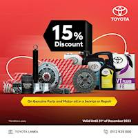 Enjoy 15% off on genuine parts and motor oil when you service or repair your vehicle at Toyota Lanka
