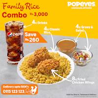 Family Rice Combo: 4x Classic Rice + 8x Fried Chicken Wings + 4x Gravy & Salad + 4x Drinks for just Rs.3,000 at Popeyes