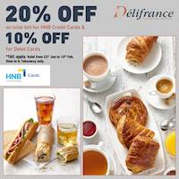 Get 20% off on the total bill for HNB Credit Cards and 10% off on HNB Debit Cards at Delifrance