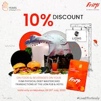 Enjoy a 10% Discount at LIONS Pub & Hotel on food & beverages when you pay with your FriMi physical Mastercard Debit Card