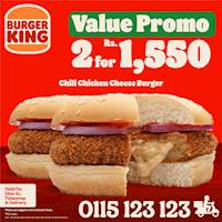 Get 2 Chilli Chicken Cheese burgers for just Rs. 1,550 at Burger King