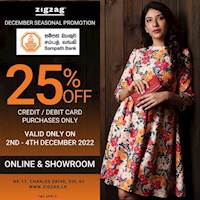 Get 25% off when you pay through Sampath bank credit & debit cards at Zigzag