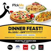 Enjoy flat 500/= off on dinner time orders when you spend 1,750/= on Pick Me food from The Four Leafed Clover