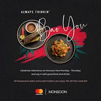 This Valentines season, all Mastercard holders get 15% off their total bill when they dine in at Monsoon
