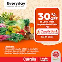 Get 30% OFF on local fresh vegetables & fruits when you pay using your Cargills Bank Credit Card!