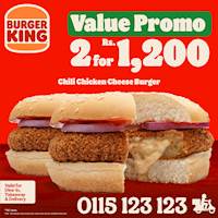 Get 2 Chilli Chicken Cheese burgers for just Rs. 1,200 at Burger King