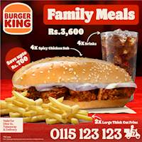  4x Spicy Chicken Subs + 2x Large Thick Cut Fries + 4x Drinks for just Rs, 3,600/- at Burger King