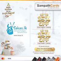 Get up to 15% off for Sampath Cards at Takas.lk