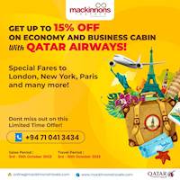 Enjoy up to 15% off for economy and business class cabins with Qatar Airways 
