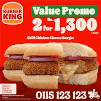 Get 2 Chilli Chicken Cheese burgers for just Rs. 1,300 at Burger King