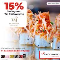 Enjoy 15% savings on food at Navratna, Ports of Call and Golden Dragon - Taj Samudra Colombo with DFCC Credit Cards!