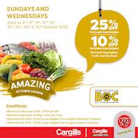 Get up to 25% off on on fresh vegetables, fruits and seafood for BOC cards at Cargills Food City