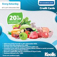 20% off on fresh vegetables, fruits, seafood and meat at Keells with ComBank Credit Cards
