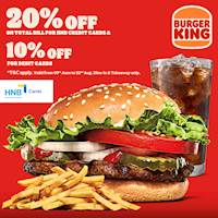 Get your favorite burgers from Burger King with HNB and get up to 20% off
