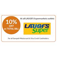 10% OFF on TOTAL BILL at all LAUGFS Supermarkets outlets for all Sampath Mastercard & Visa Credit Cardholders