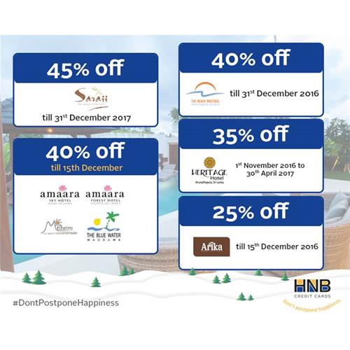 Up to 45% hotel promotion at HNB Credit Cards till 31st December 2016