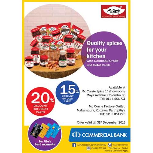 Upto 20% Discount at Mc CURRIE products for Commercial Bank Cards till 31st December 2016