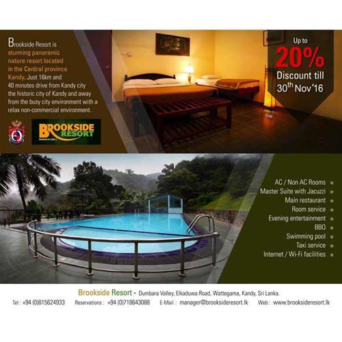 Upto 20% Discount at BROOKSIDE RESORT till 30th November 2016