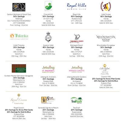 Treat yourself at Hill Countries on the following Hotels with your Nations Trust Bank American Express Card