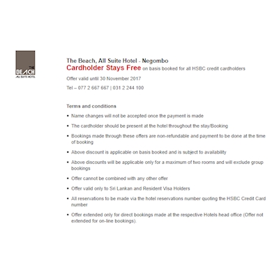 Now All HSBC Credit Cardholders enjoy a Free Stay at The Beach, All Suite Hotel - Negombo