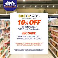 10% off on Total Bill for bill for BOC Credit Cardholders at Arpico SuperCentre