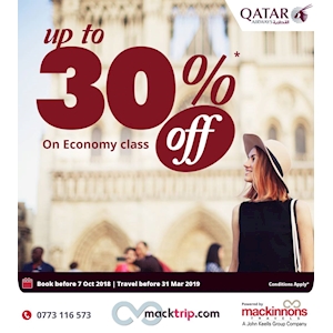Upto 30% Off on Economy Class for Qatar Airways from Mackinnons Travel