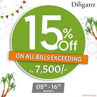Enjoy 15% off on all bills exceeding Rs 7,500/- at Diliganz