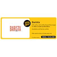 25% off on all Coffee Based Beverages for BOC Credit Card Holders