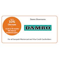 Get up to 10% discount on selected products + 12, 24 & 40 months 0% interest installment plans at Damro for all Sampath Mastercard & Visa Credit Cardholders
