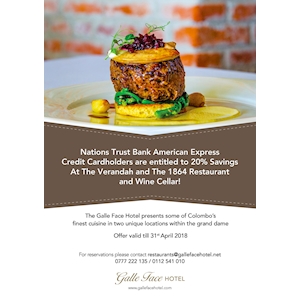20% Off at The Verandah and The 1864 Restaurant and Wine Cellar for NTB Amex Cardholders