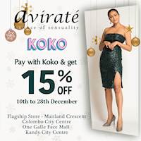Get 15% off when you pay with Koko at any Avirate outlet