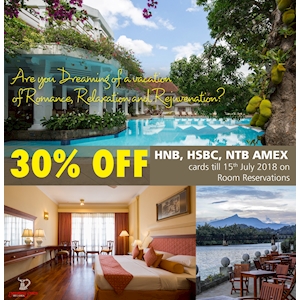 Enjoy 30% Off for HNB, HSBC and NTB Amex Cardholders at Mahaweli Reach Hotel