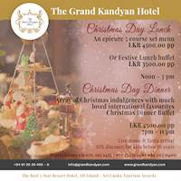 Christmas day Lunch and Dinner meals at The Grand Kandyan Hotel