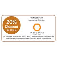 Get 20% discount on Dine-in at On the Eleventh - Mandarina Colombo for Sampath Bank Cards