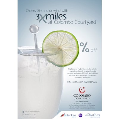 Get 10% OFF at your bill at all Food and Beverage Outlets at COLOMBO COURTYARD